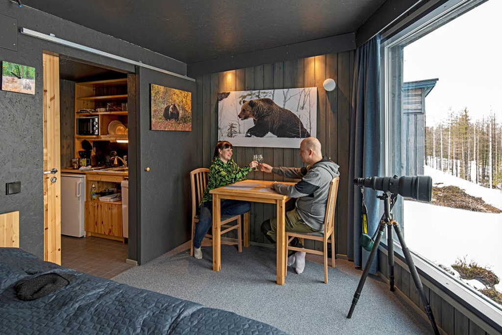 Cozy cabin interior with wildlife decor in Finland