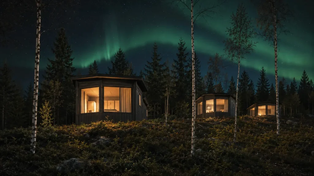 Northern-Lights-Above-Luxury-Bear-Cabins-In-FInland